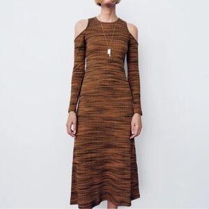 Zara Brown Long Sleeve Cold Shoulder Dress